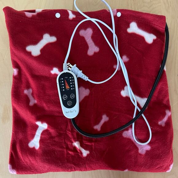 Rest-Eazzzy Heating Pad for Animals Red Fleece Bone Print Dogs - Picture 2 of 6